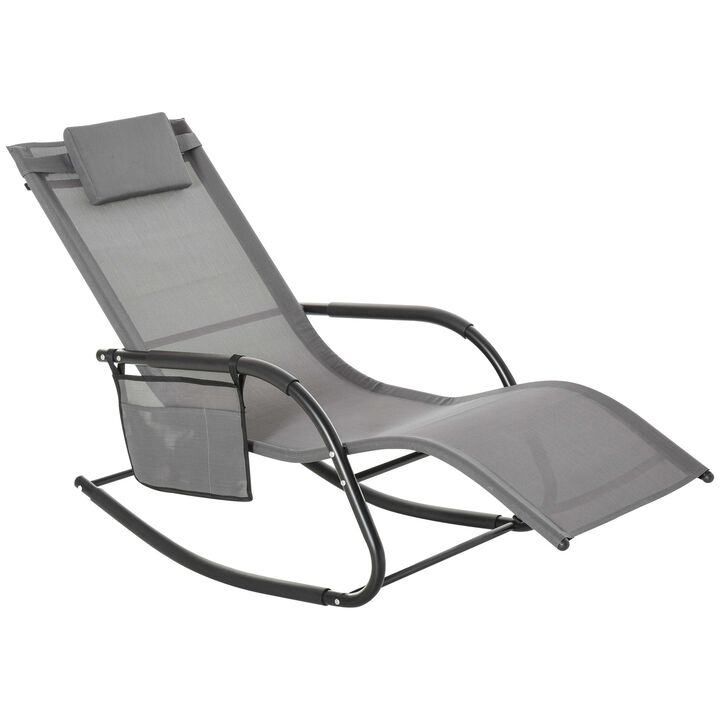 Outdoor Rocking Chair, Patio Sling Sun Lounger, Pocket, Recliner Rocker, Lounge Chair with Detachable Pillow for Deck, Garden or Pool, Grey