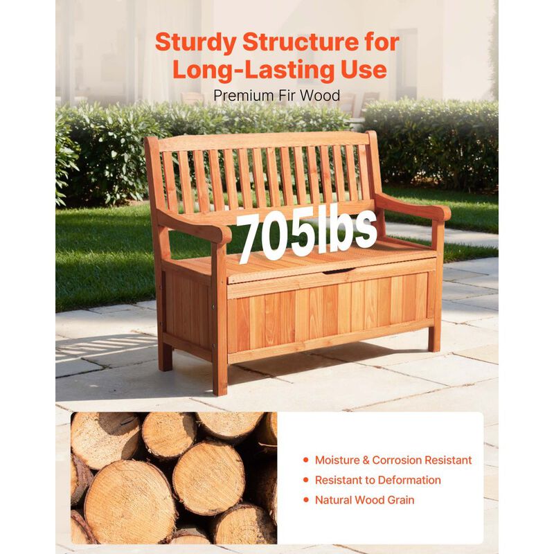 Outdoor Storage Bench, 2-Person Wooden Deck Box with Side Handles, Weatherproof image number 5