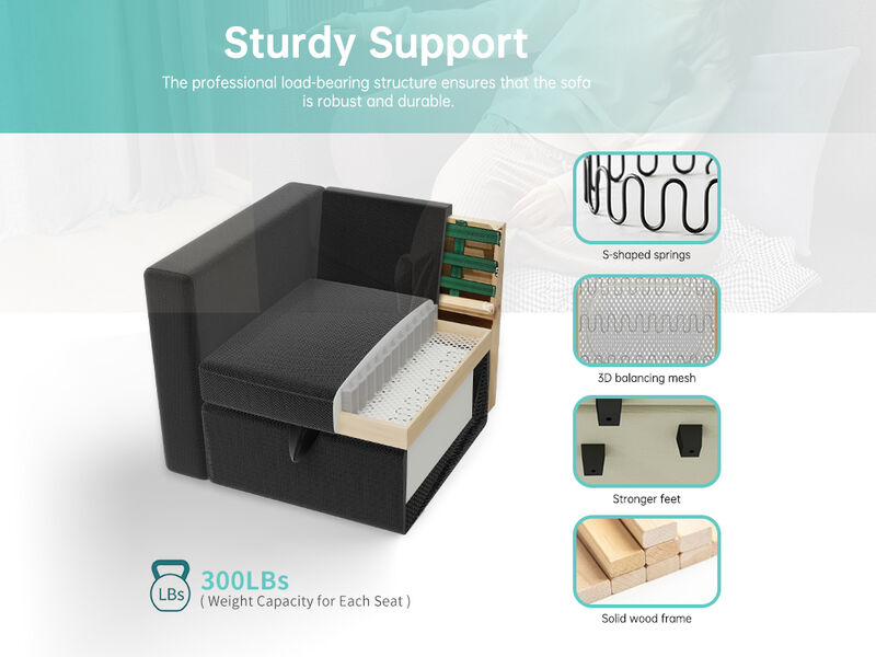 Livelylodge Modular 4-Seat Sofa with Wooden Frame and Pull-Out Bed, Convertible Sectional Sofa for Living Room, Available in Black, Beige, and Gray 109" L x 30.5" W x 34" H