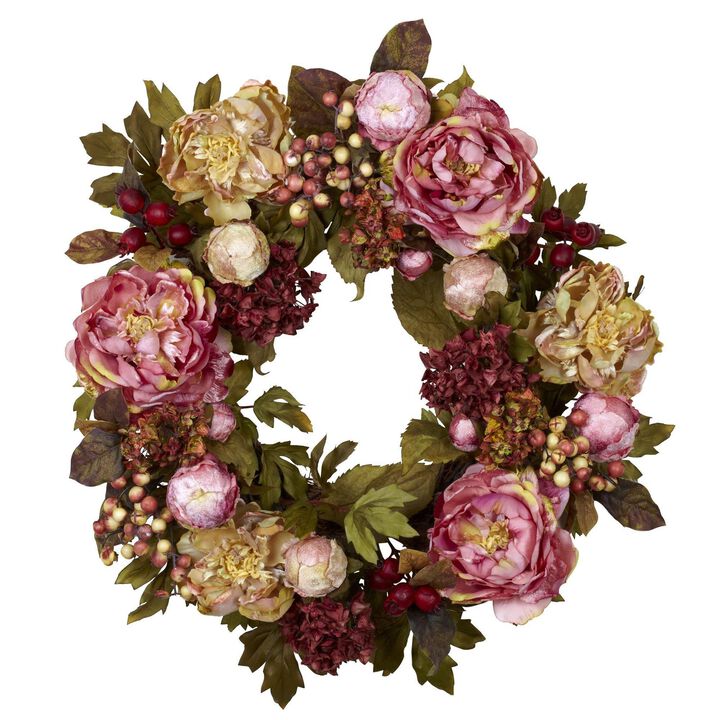Nearly Natural 24-in Peony Hydrangea Wreath