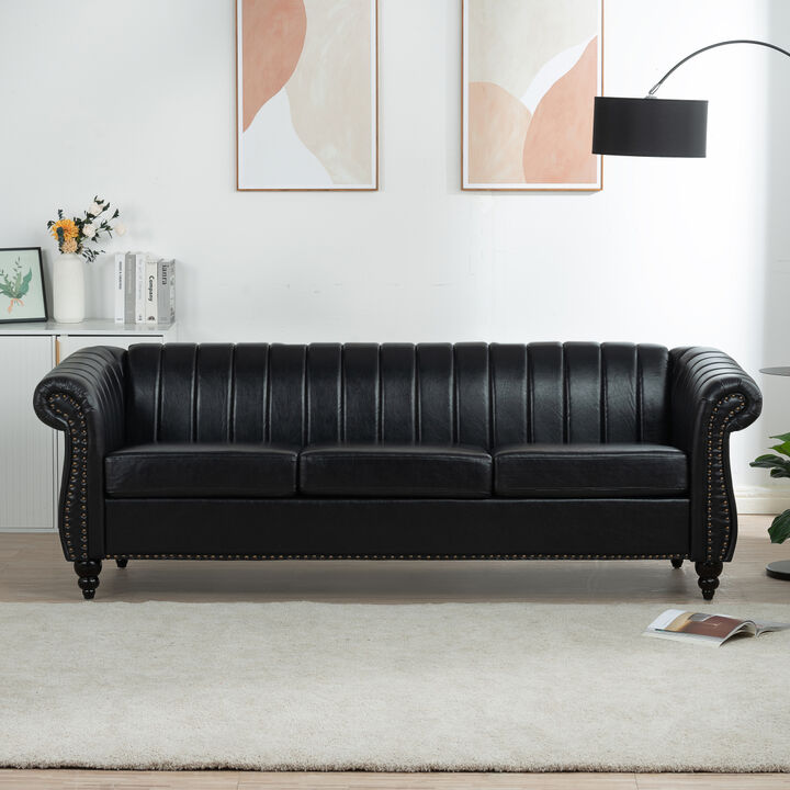 83.46" Black PU Rolled Arm Chesterfield Three Seater Sofa.