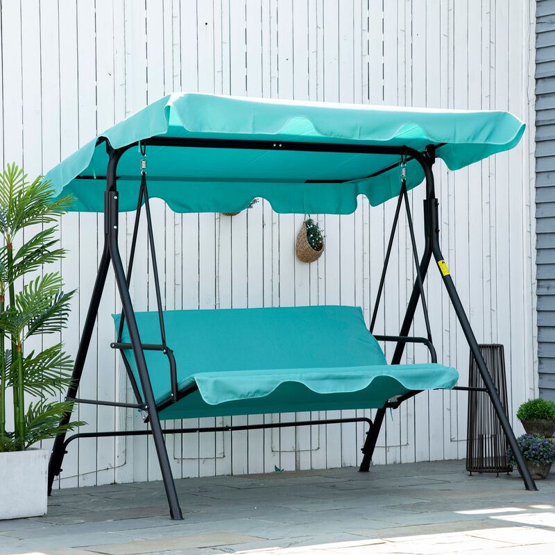 Patio Porch Swing Chair with Adjustable Canopy, Seats 3 Adults, Steel Frame, Armrests, Green image number 2
