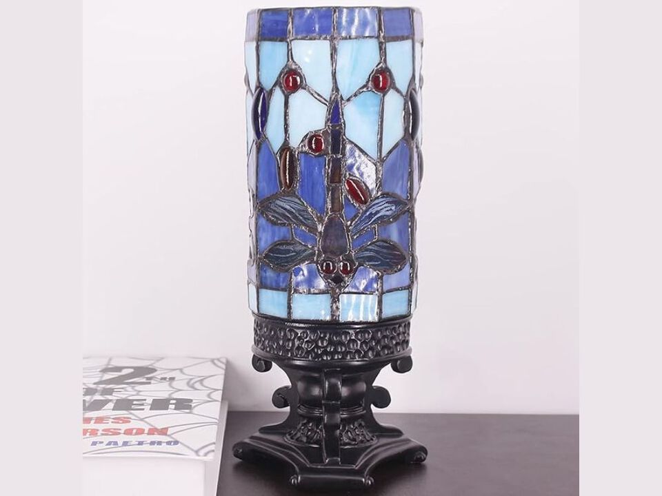Tiffany Style Owl Table Lamp with Stained Glass and Tree Trunk Base