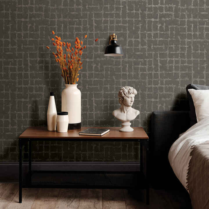 Shea Charcoal Distressed Geometric Wallpaper (Set of 2)