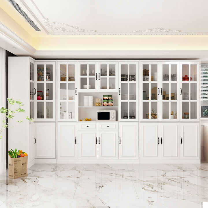 FUFU&GAGA Elegant White Display Storage Cabinet with Glass & Solid Doors, Hidden Storage & Open Shelving, Premium Painted Finish (141.7 in. W x 31.5 in. D x 78.9 in. H)