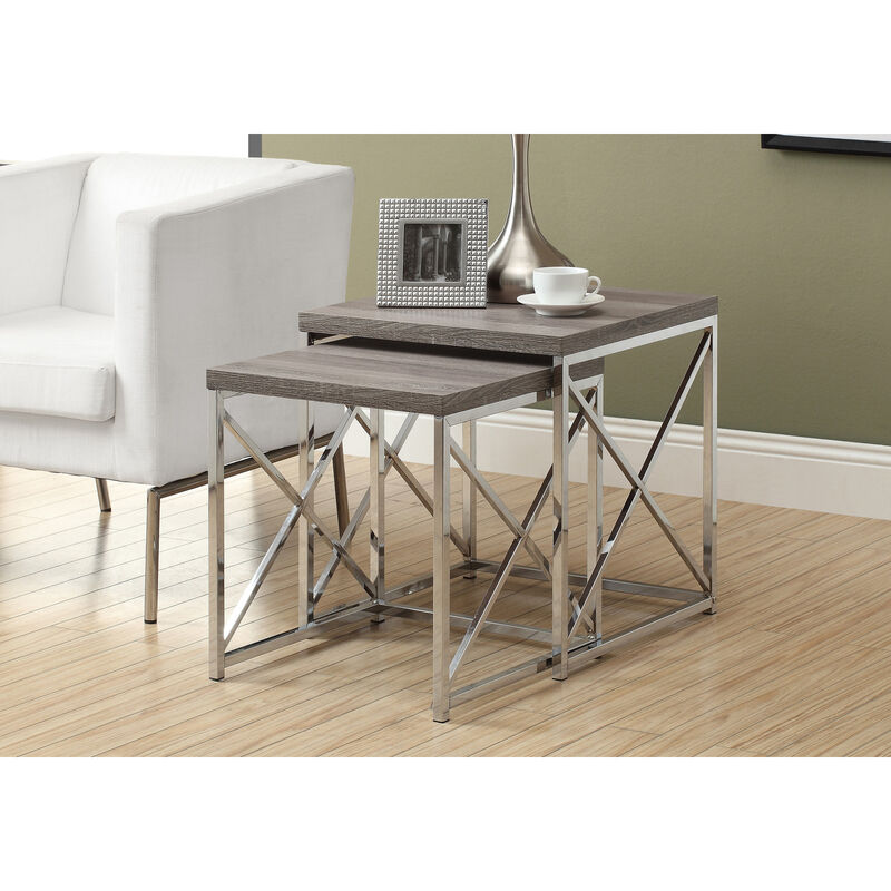 Monarch Specialties I 3255 Nesting Table, Set Of 2, Side, End, Metal, Accent, Living Room, Bedroom, Metal, Laminate, Brown, Chrome, Contemporary, Modern