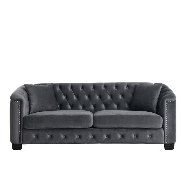 77 Inch Velvet Chesterfield Sofa, Button Tufted 3 Seater Sofa with Rolled Arms and Nailhead Trim, Upholstered Sofa with 2 Pillows
