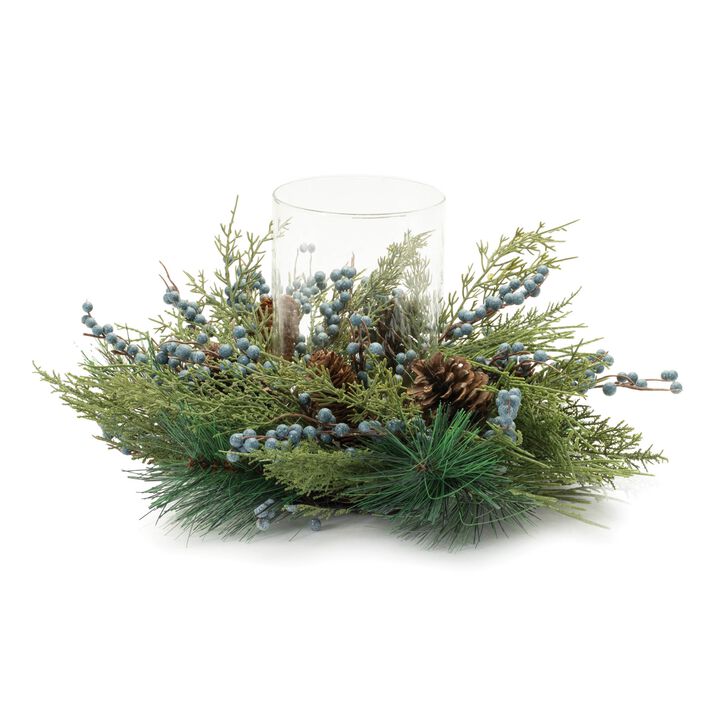 Mixed Pine and Juniper Candle Holder for Holiday Tabletop, Mantel, or Centerpiece Display