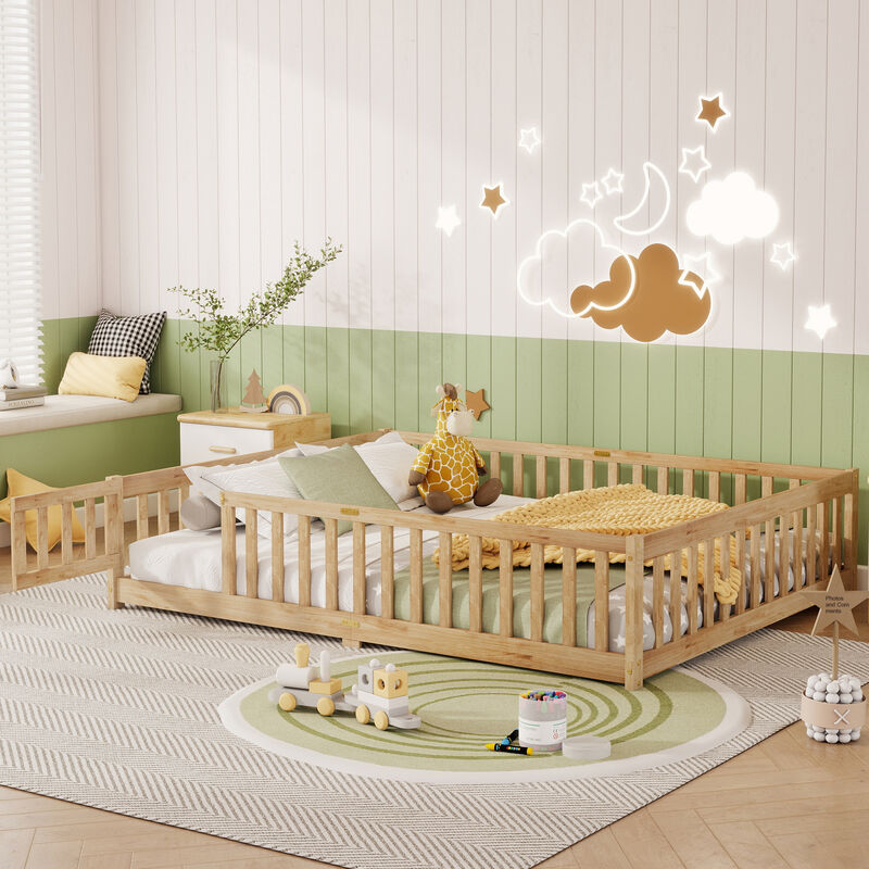 Whisen Queen Floor Bed with Safety Fence & Secure Door, Rubber Wood Low-Profile Platform Bed for Children image number 2