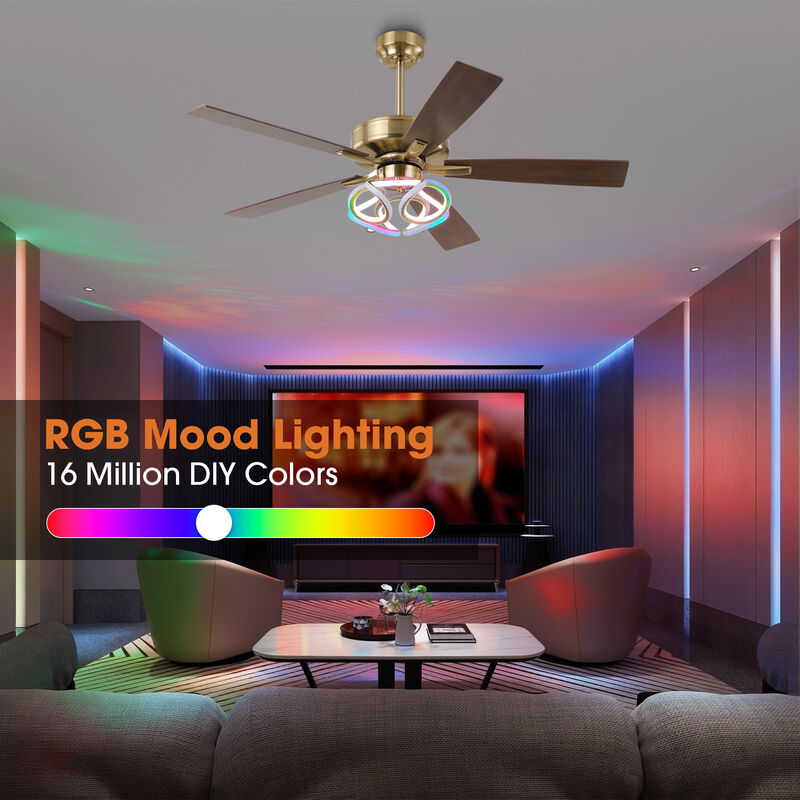 52 in. Modern Gold Dimmable Smart Ceiling Fan with RGB LED and APP Control, Remote