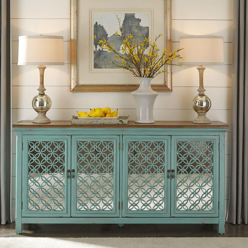 Liberty Furniture Kensington 4 Door Accent Cabinet in Turquoise w/ Worn Wood Tone Top image number 8