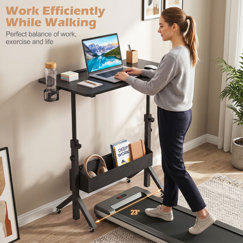 Mobile Rolling Standing Desk with Adjustable Height Cup Holder and Storage Basket image number 4