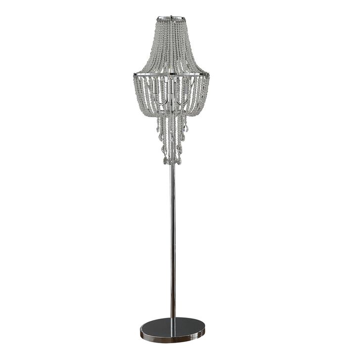 Cara 62 Inch Floor Lamp, Hanging Drop Design, Crystal and Metal, Chrome-Benzara