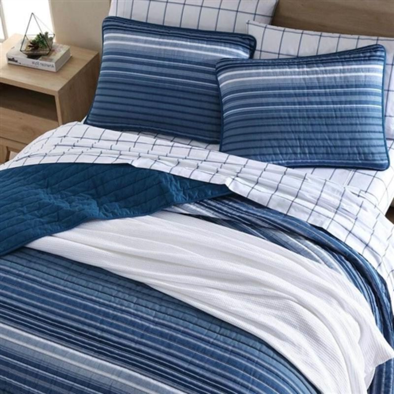Hivvago King Size Coastal Blue Stripe Reversible Cotton Quilt Set
