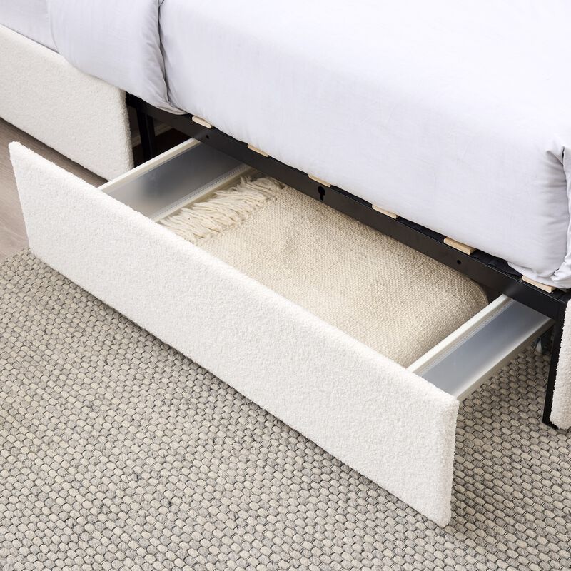 Queen Storage Bed with 4 Drawers, Ivory Boucle Upholstered Platform Bed, No Box Spring Needed image number 5