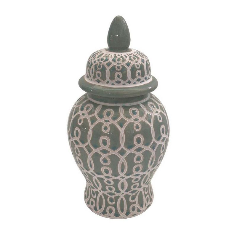 12 Inch Temple Jar, Ceramic Intricate Geometric Pattern, Removable Lid, Olive Green - Benzara
