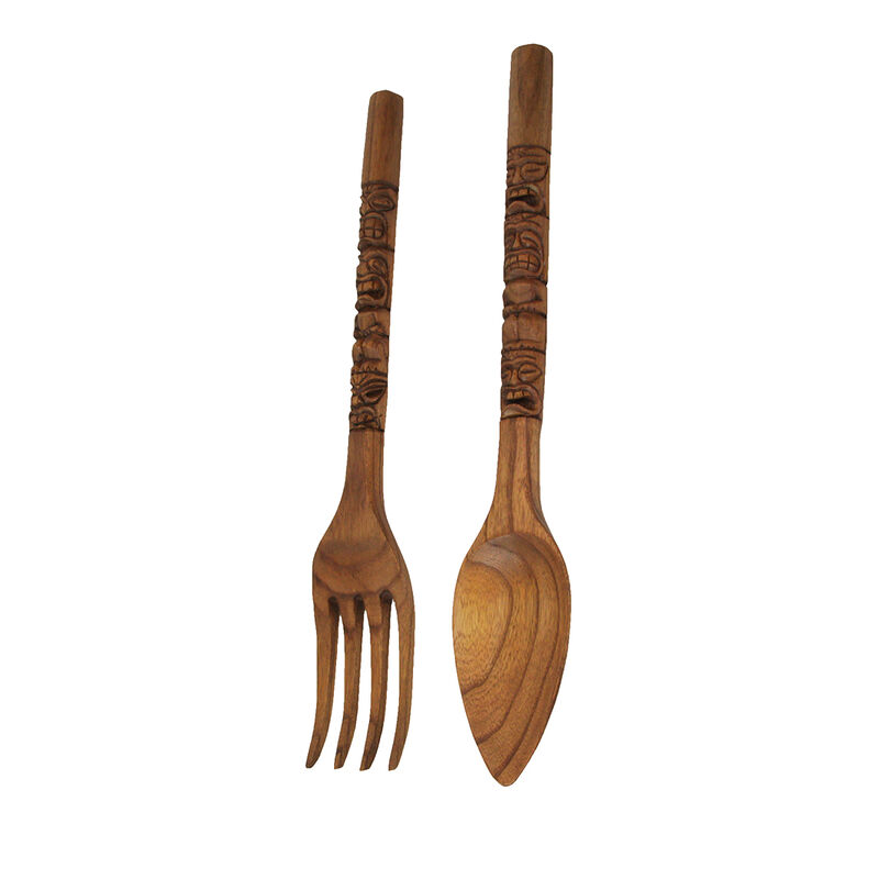 24 Inch Carved Tiki Spoon & Fork Wooden Wall Decor Art Utensil Decoration Set image number 2