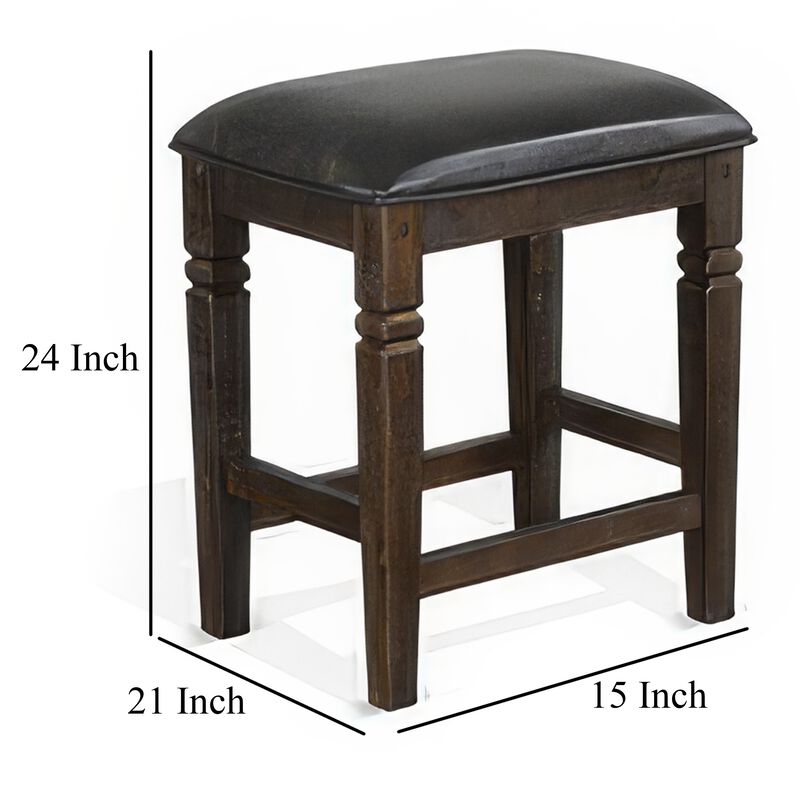 Flint Counter Stool, Set of 2, Black Faux Leather, Dark Brown Mahogany Wood - Benzara