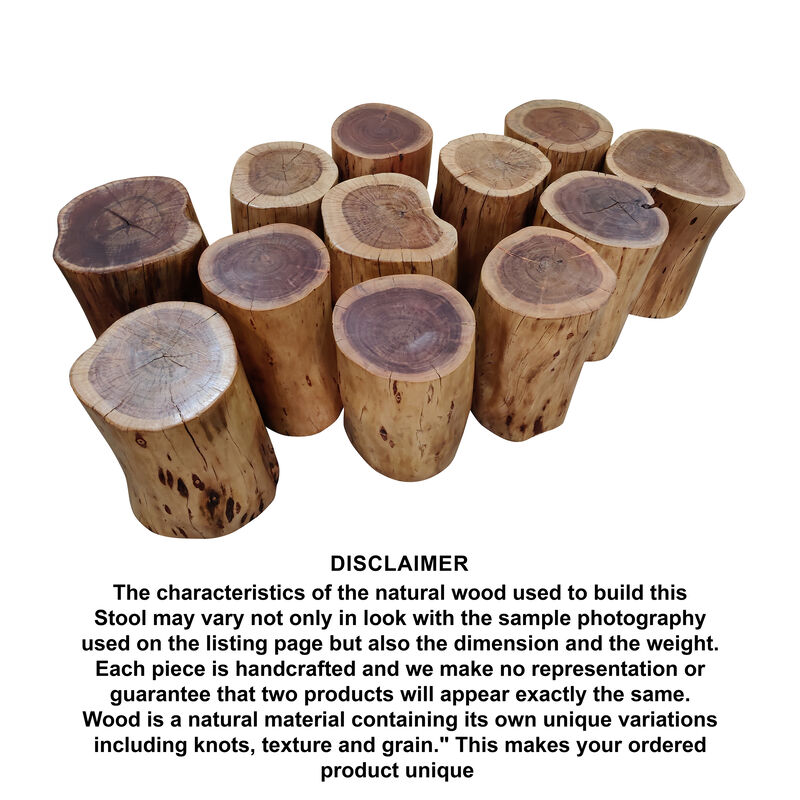 17 Inch Accent Stump Stool End Table, Live Edge Acacia Wood Log with Grain and Knot Details, Natural Brown image number 7