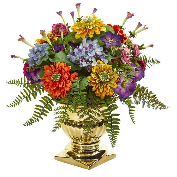 Nearly Natural 14-in-in Mixed Floral Artificial Arrangement in Gold Urn