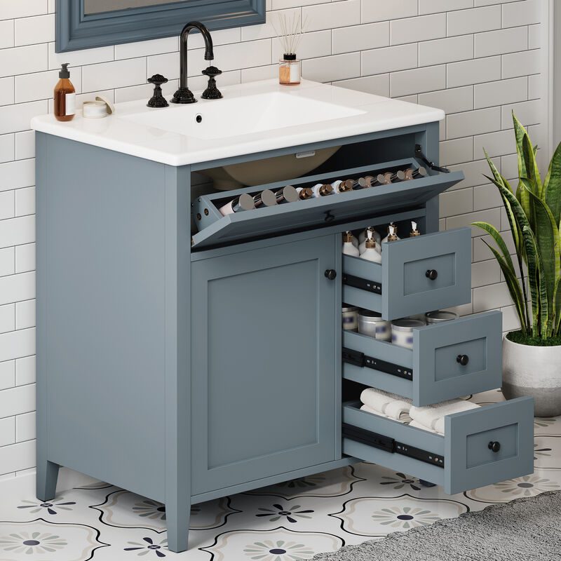 Merax Bathroom Storage Vanity with Left Adjustable Shelving Cabinet & 3 Right Smooth-Glide Drawers image number 2
