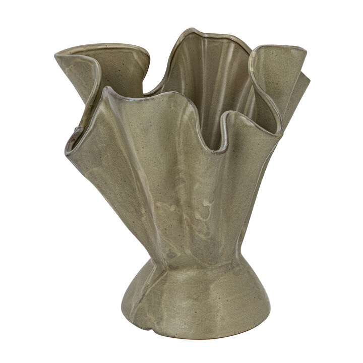 Stoneware Ruffled Vase with Reactive Glaze, Sage