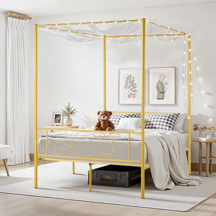 Full Size Metal Canopy Bed Frame, Gold, Four Poster Design with Steel Slat Support