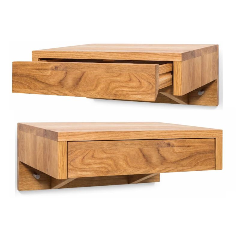 Solid Oak Hardwood Set of 2 Floating Nightstands - Wall Mounted Bedroom Side Tables with Drawers