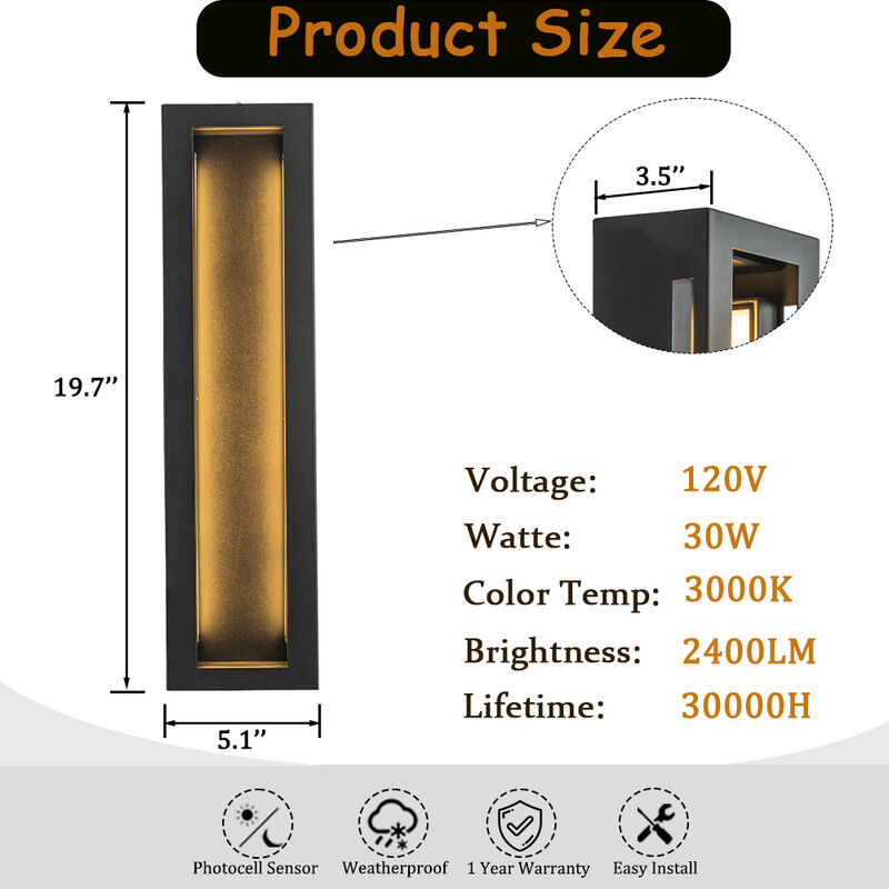 H20" Modern Outdoor Wall Light with Dusk to Dawn Sensor Linear Matte Black 30W Integrated LED Wall Sconce with Acrylic Shade for Porch Garage Entryway image number 6