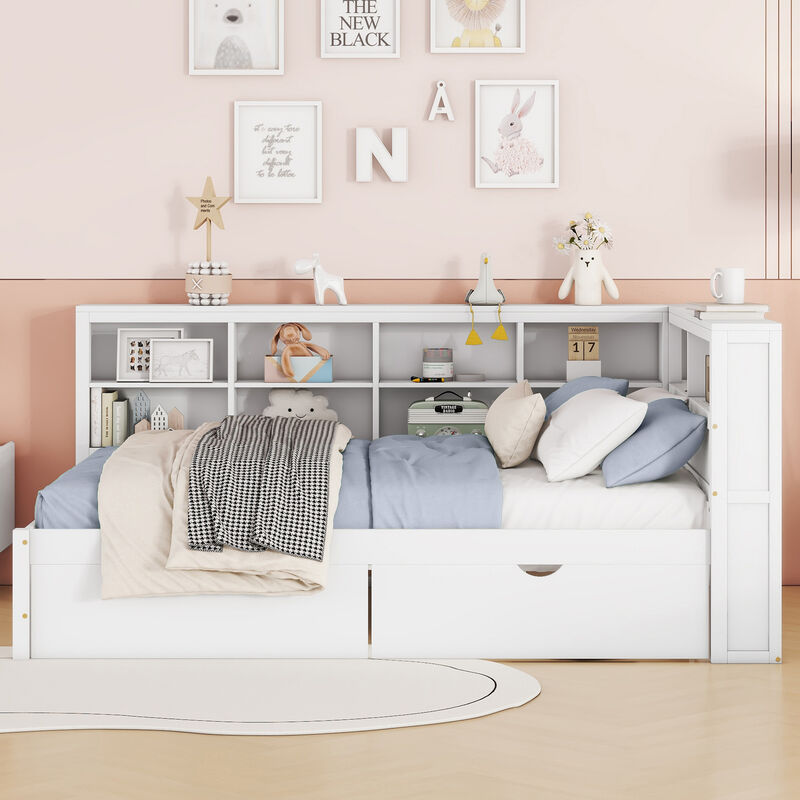 Merax White Wooden Daybed with Double-Tier Storage Shelf image number 2