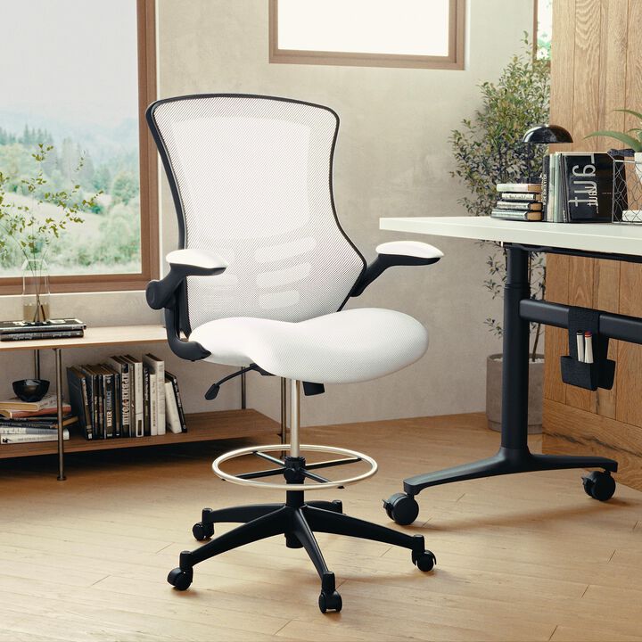 Flash Furniture Kelista Mid-Back White Mesh Ergonomic Drafting Chair | Adjustable Foot Ring, Flip-Up Arms | Comfort and Productivity