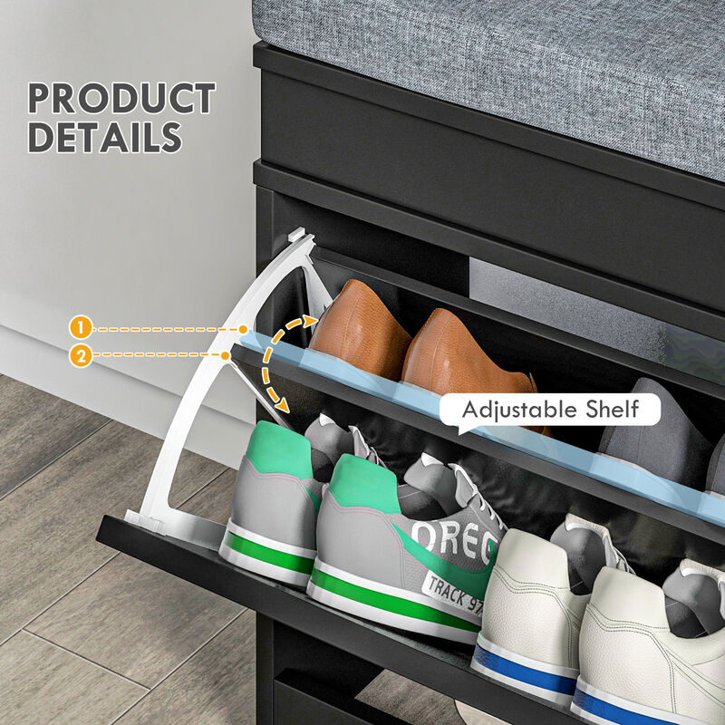 HOMCOM Modern Shoe Rack Bench for Entryway, Storage Organizer with Cushion, 2 Drawers, Adjustable Shelf, Holds 8 Pairs, Black