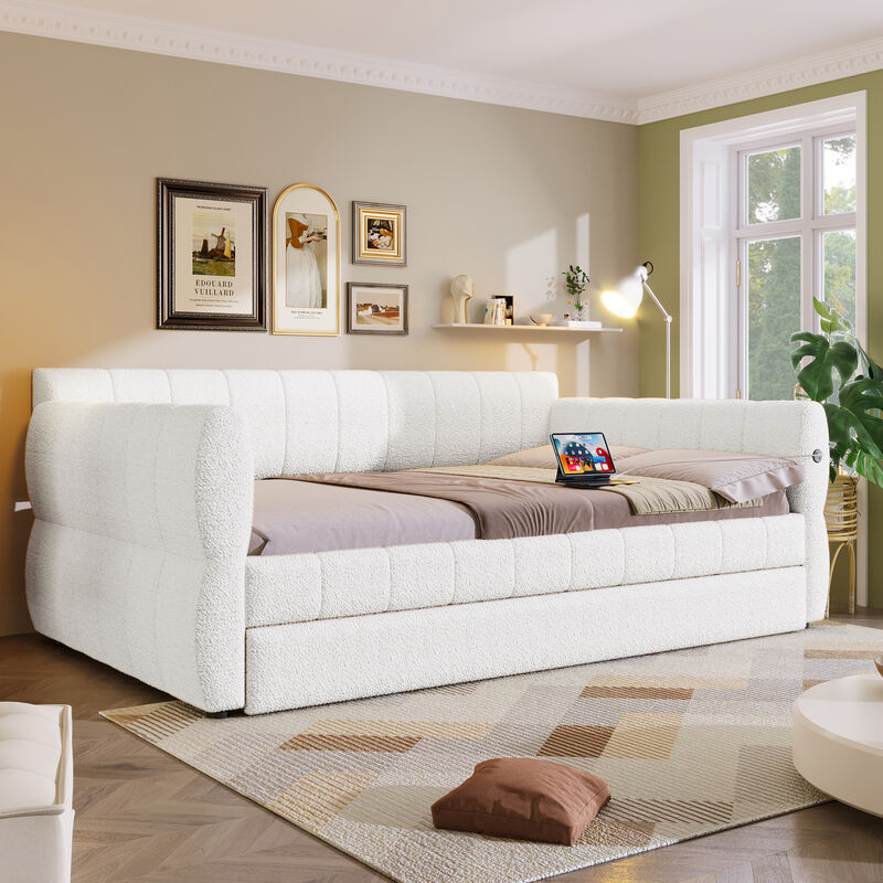 Merax Queen Size Gray Lambswool Upholstered Daybed with USB Charging image number 3