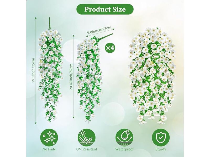 4 Piece White Artificial Hanging Morning Glory Flowers UV Resistant Outdoor image number 2