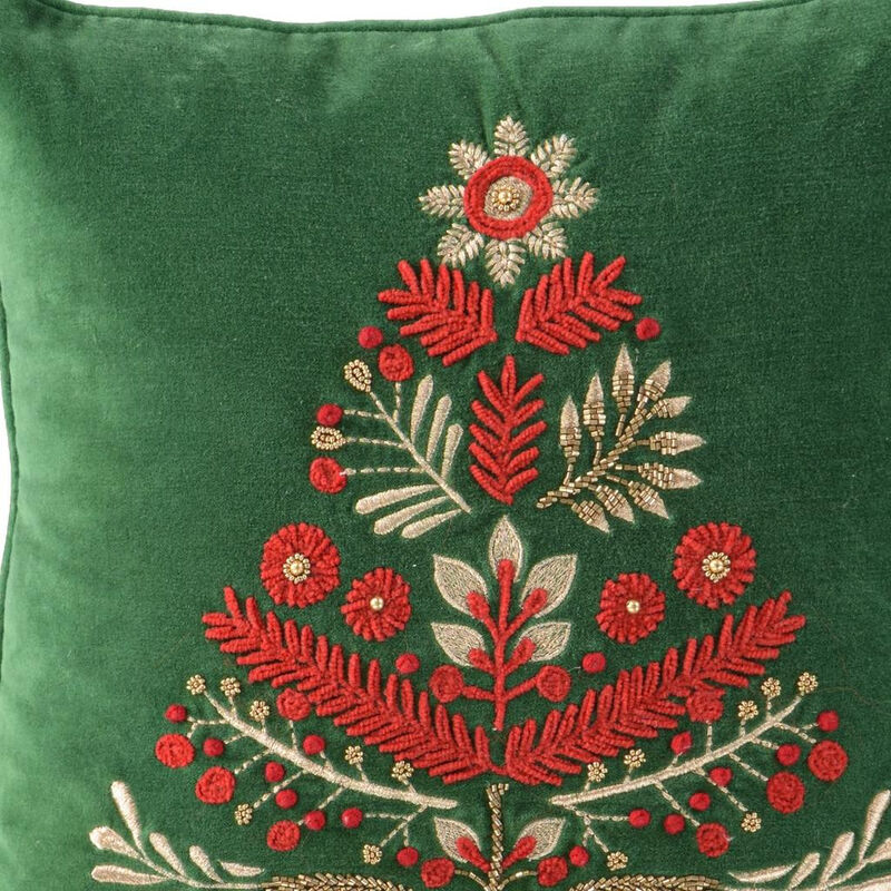 HomeRoots 18" Green And Red Floral Velvet Cotton Christmas Tree Throw Pillow image number 3