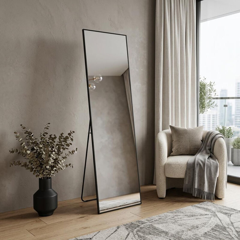 HomeRoots 67" Black Aluminum Freestanding And Wall Mounted Framed Full Length Mirror image number 1