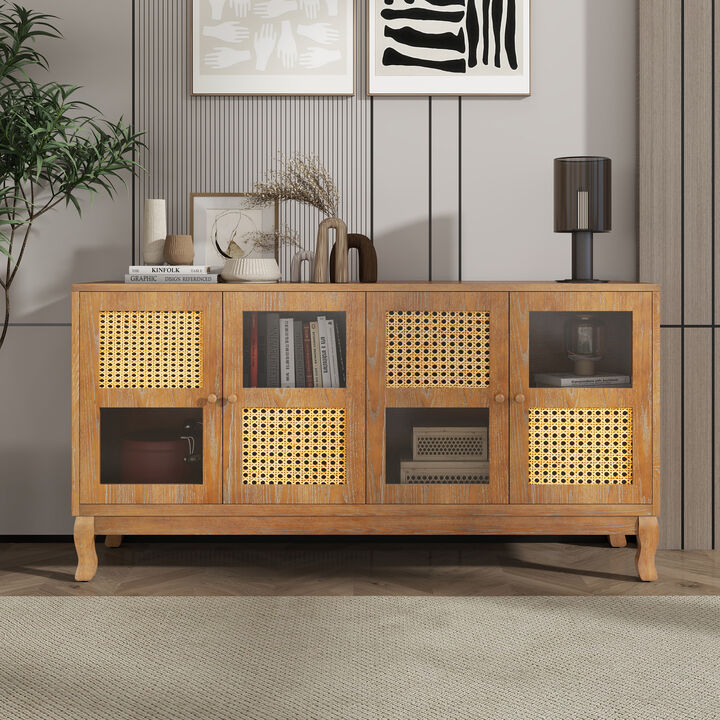 TATEUS Retro 4-Door Sideboard with Artificial Rattan Doors & Transparent Glass for Multi-Room Storage