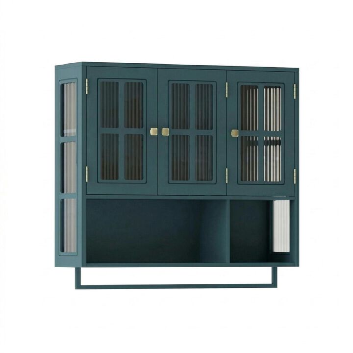 Bathroom Wall Cabinet, 3-Door Wooden Wall Cabinet with Open and Hidden Storage Space, Medicine Cabinet with Glass Door and Towel Bar