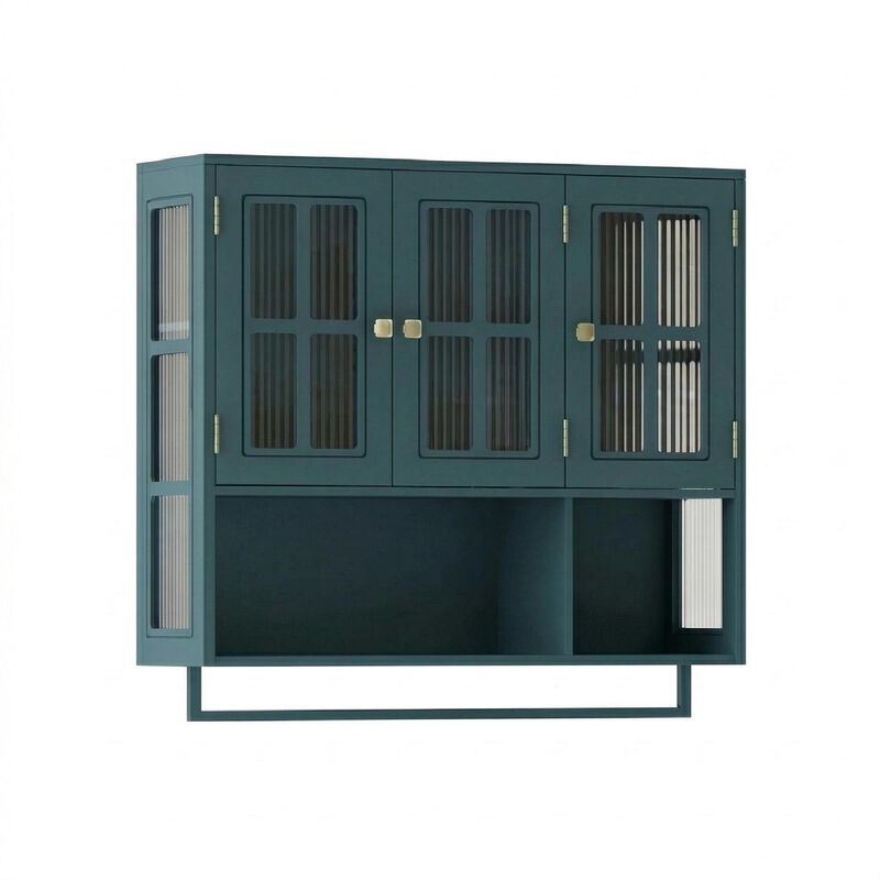 Bathroom Wall Cabinet, 3-Door Wooden Wall Cabinet with Open and Hidden Storage Space, Medicine Cabinet with Glass Door and Towel Bar image number 0