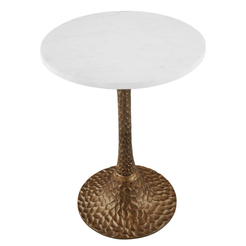 Tyler 20.5 Inch Accent Side Table, Round White Marble Top, Antique Brass Hammered Pedestal Base