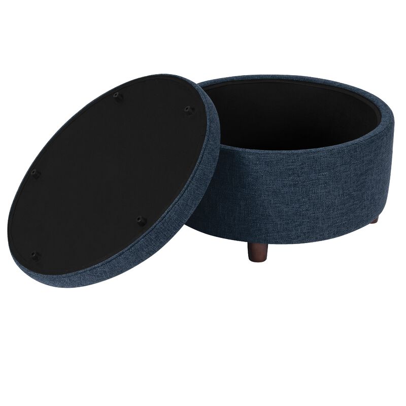 Modern Storage Ottoman, 28 Inch Round Lift Top, Navy Blue Woven Fabric - Benzara