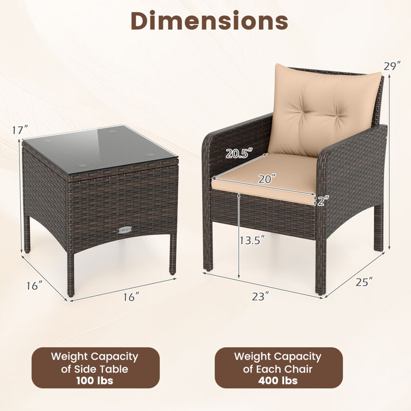 3-Piece Patio Wicker Furniture Set with Cushions for Balcony and Porch image number 2