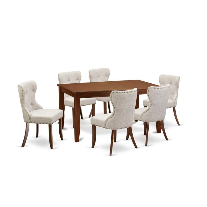 East-West Furniture DUSI7-MAH-35 - A kitchen dining table set of 6 excellent parson chairs using Linen Fabric Doeskin color and a fantastic rectangle wooden table with Mahogany Finish