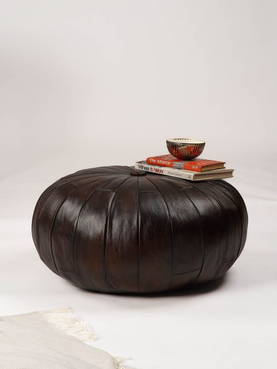 Handmade Eco-Friendly Solid Leather Brown Round Pouf 24"x24"x18" From BBH Homes