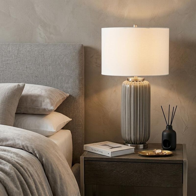 HomeRoots 29" Gray Metal Cylinder Table Lamp With White Drum Shade image number 1
