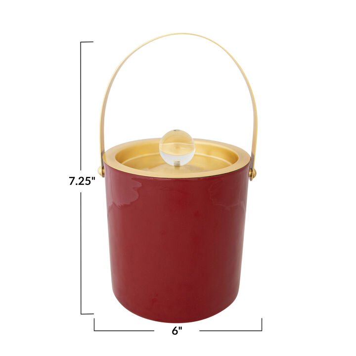 1.5-Quart Enameled Stainless Steel Ice Bucket with Glass Knob Handle, Red and Gold Finish