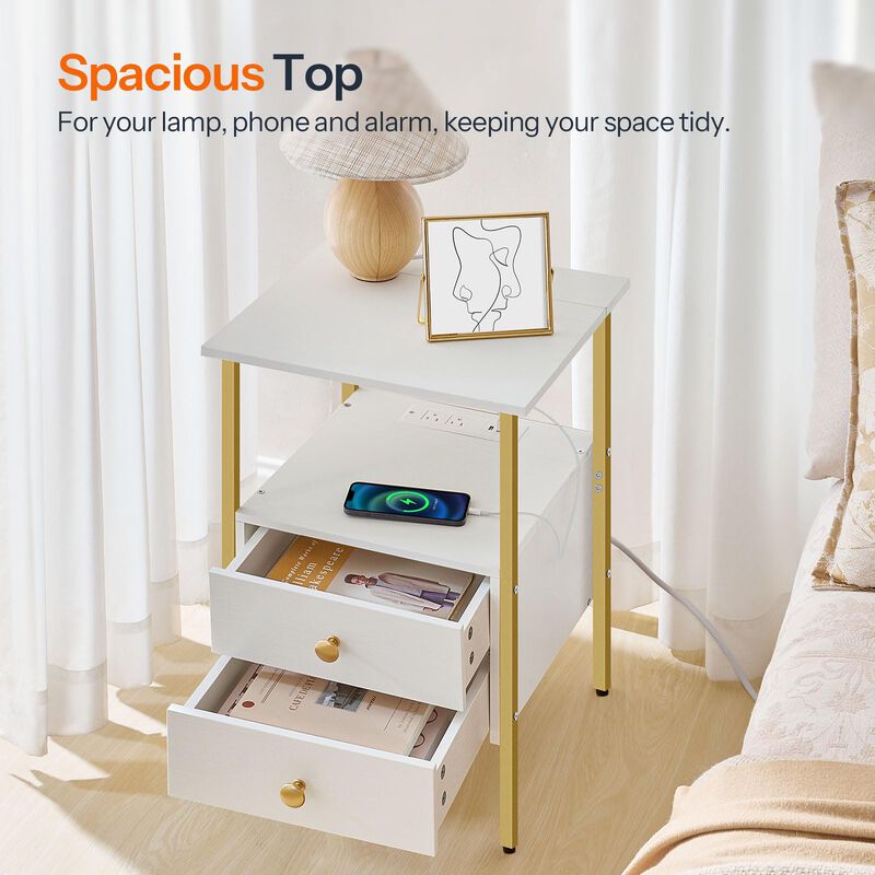 HOOBRO End Table with Charging Station, Bedside Table with 2 Drawer & USB Ports & Power Outlets, Nightstand for Small Spaces, St