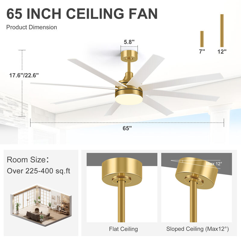 Breezary 65" LED Ceiling Fan with Light, 8 Blade, 6 Speed DC Motor, Remote Control image number 5