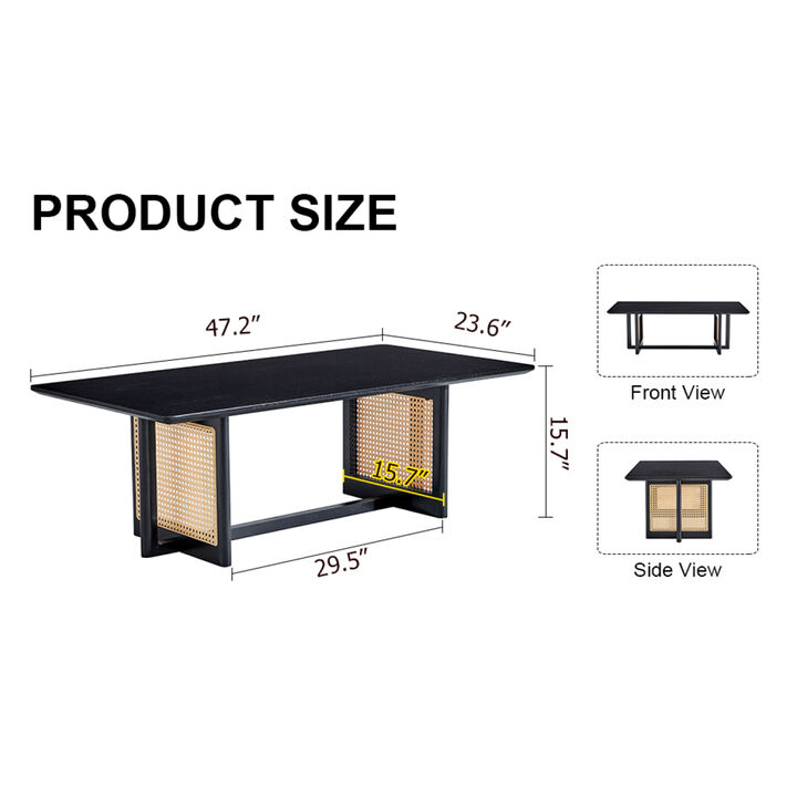 Black imitation rattan and solid wood coffee table, rectangular solid wood coffee table, small living room coffee table