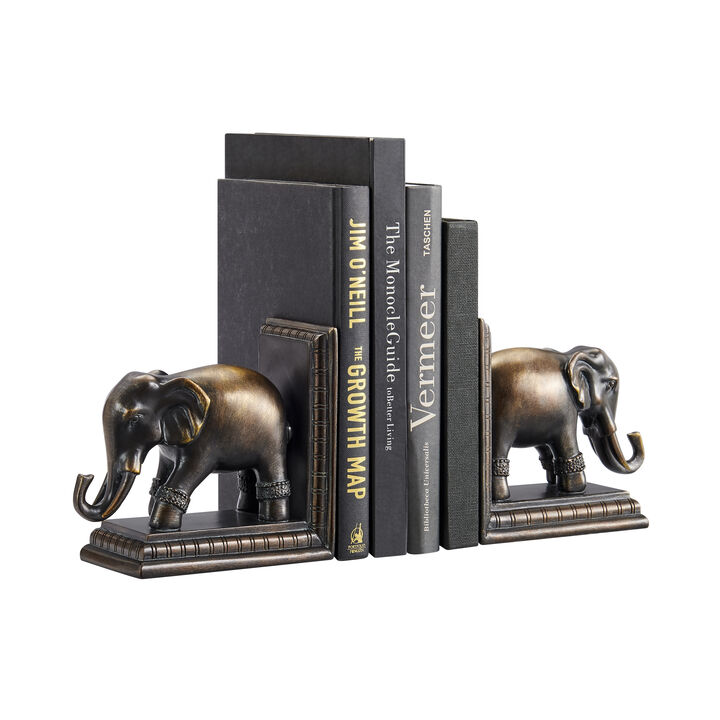 Danya B. Ornate Elephants Polyresin Bronze Patina Finish Bookend Set of 2